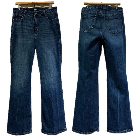 Old Navy Higher High Rise Flare Dark Wash Creased High Waisted Jeans 14 - Picture 2 of 12